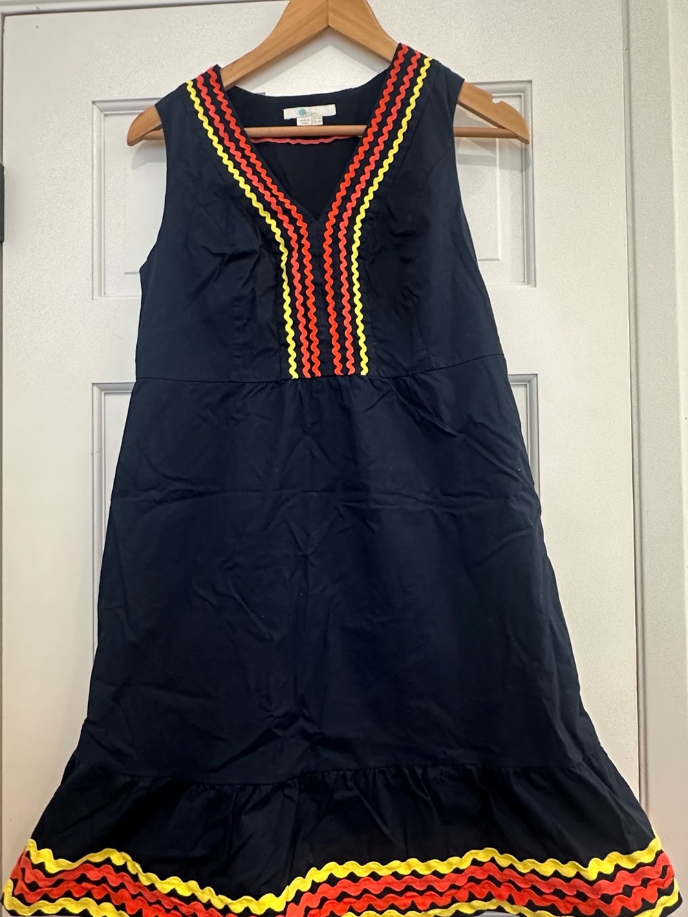 Boden Navy Sleeveless V-Neck Lined Dress, Orange & Yellow Ribbon Trim. Size 8R